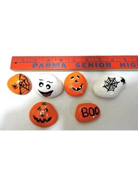 Halloween Painted Rock Set - Orange & White Spooky Designs